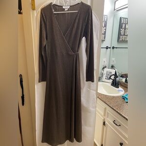 Gilli Waist Tie Wrap Midi Brown Long Sleeve Dress